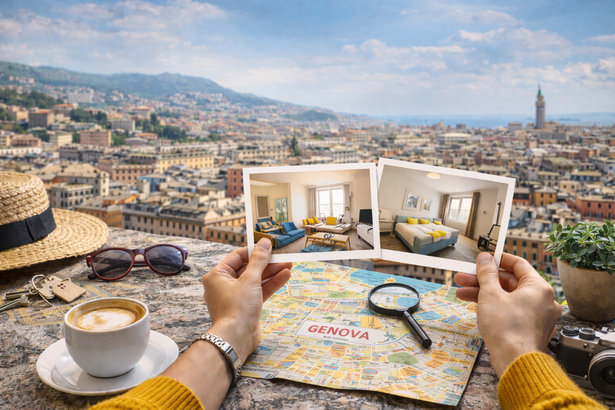 Interno luminoso di appartamento turistico a Genova con zona giorno e cucina attrezzata.