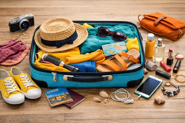 Valigia aperta sul letto con vestiti e accessori pronti per un weekend a Genova.